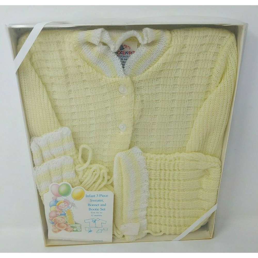 Cradle Knit Infant Baby Sweater Hat Bootie Set‎ Yellow VTG 1970s 70s 80s 1980s